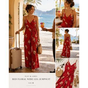 Riley & James Red Floral Wide Leg Wrap Jumpsuit Size M